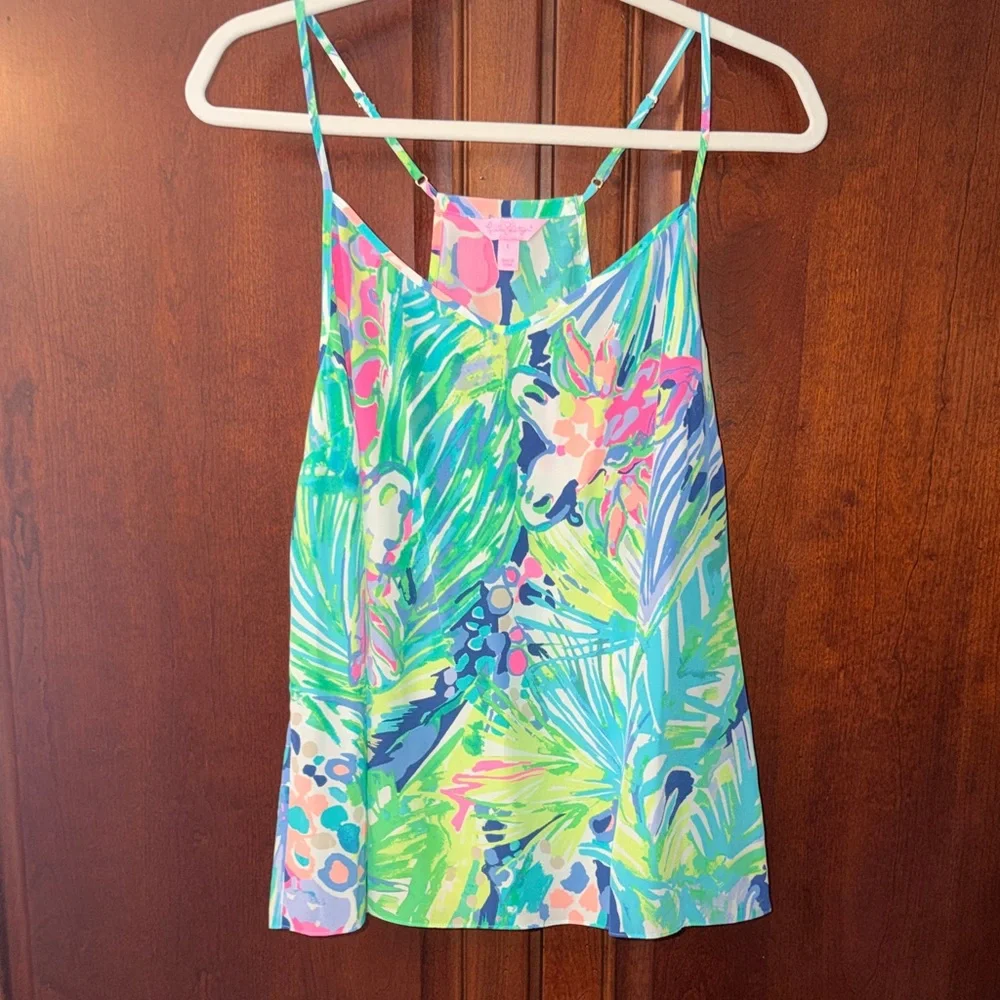 Lilly Pulitzer Silk Tropical Print Spaghetti Strap Tank - Pink, Green, Blue - Picture 1 of 5